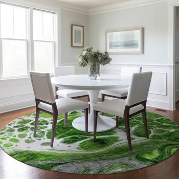 8' Lime Green And Gray Round Nautical Washable Indoor Outdoor Area Rug