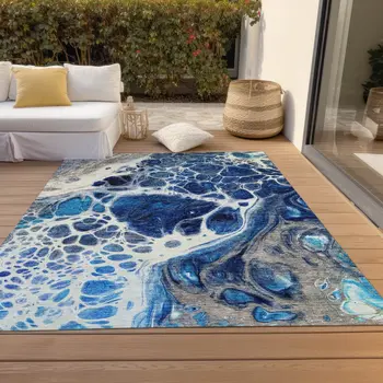 8' X 10' Navy Blue And Gray Nautical Washable Indoor Outdoor Area Rug