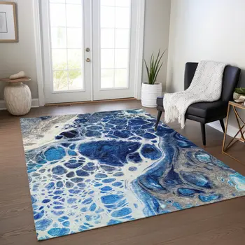8' X 10' Navy Blue And Gray Nautical Washable Indoor Outdoor Area Rug