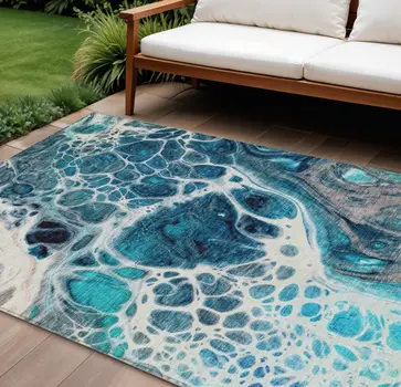 8' X 10' Teal Blue And Navy Blue Nautical Washable Indoor Outdoor Area Rug