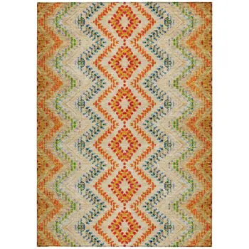 3' X 5' Beige Orange And Red Geometric Washable Indoor Outdoor Area Rug
