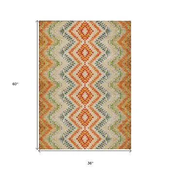 3' X 5' Beige Orange And Red Geometric Washable Indoor Outdoor Area Rug
