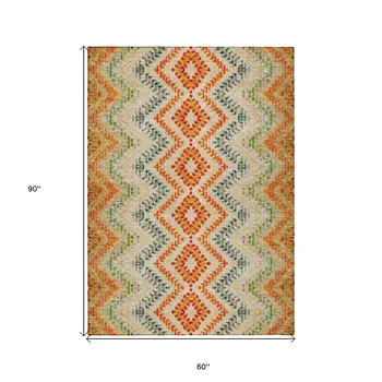 5' X 8' Beige Orange And Red Geometric Washable Indoor Outdoor Area Rug