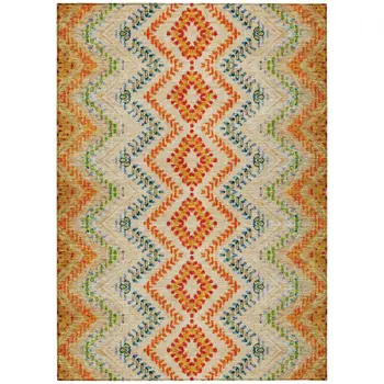 5' X 8' Beige Orange And Red Geometric Washable Indoor Outdoor Area Rug