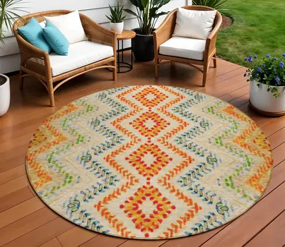 8' Beige Orange And Red Round Geometric Washable Indoor Outdoor Area Rug