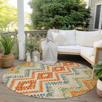 8' Beige Orange And Red Round Geometric Washable Indoor Outdoor Area Rug
