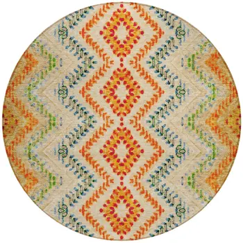 8' Beige Orange And Red Round Geometric Washable Indoor Outdoor Area Rug