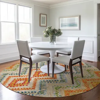 8' Beige Orange And Red Round Geometric Washable Indoor Outdoor Area Rug