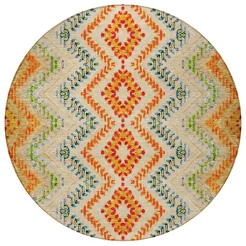8' Beige Orange And Red Round Geometric Washable Indoor Outdoor Area Rug