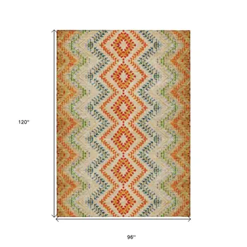 8' X 10' Beige Orange And Red Geometric Washable Indoor Outdoor Area Rug