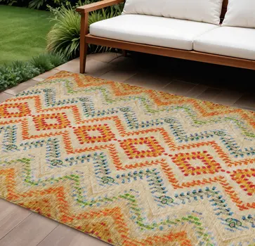 9' X 12' Beige Orange And Red Geometric Washable Indoor Outdoor Area Rug