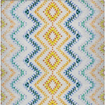 5' X 8' Ivory Blue And Purple Geometric Washable Indoor Outdoor Area Rug