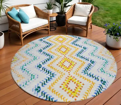 8' Ivory Blue And Purple Round Geometric Washable Indoor Outdoor Area Rug
