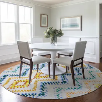 8' Ivory Blue And Purple Round Geometric Washable Indoor Outdoor Area Rug