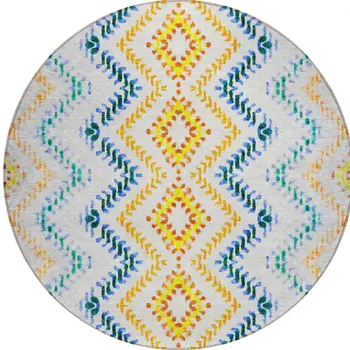 8' Ivory Blue And Purple Round Geometric Washable Indoor Outdoor Area Rug