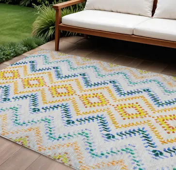 8' X 10' Ivory Blue And Purple Geometric Washable Indoor Outdoor Area Rug