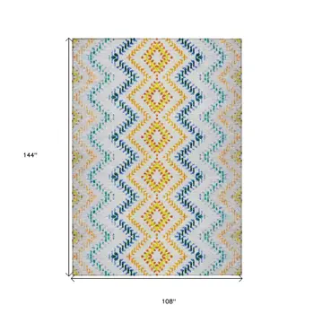 9' X 12' Ivory Blue And Purple Geometric Washable Indoor Outdoor Area Rug