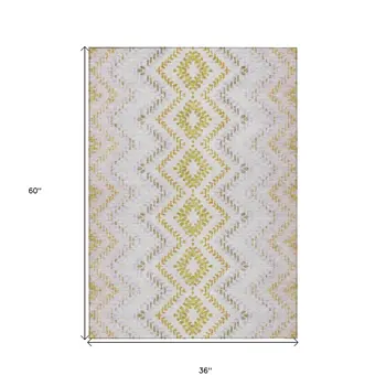 3' X 5' Pearl Ivory And Artichoke Green Geometric Washable Indoor Outdoor Area Rug