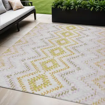 5' X 8' Pearl Ivory And Artichoke Green Geometric Washable Indoor Outdoor Area Rug