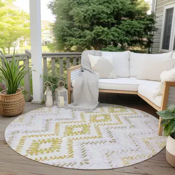 8' Pearl Ivory And Artichoke Green Round Geometric Washable Indoor Outdoor Area Rug