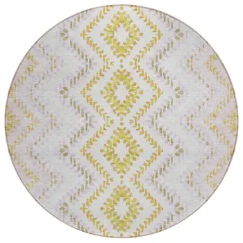 8' Pearl Ivory And Artichoke Green Round Geometric Washable Indoor Outdoor Area Rug