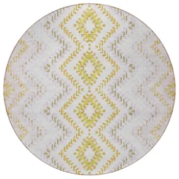 8' Pearl Ivory And Artichoke Green Round Geometric Washable Indoor Outdoor Area Rug