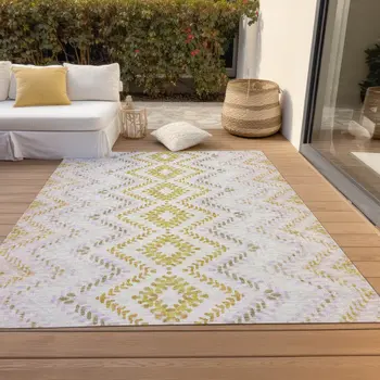 10' X 14' Pearl Ivory And Artichoke Green Geometric Washable Indoor Outdoor Area Rug