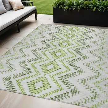 5' X 8' Green Ivory And Gray Geometric Washable Indoor Outdoor Area Rug