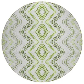 8' Green Ivory And Gray Round Geometric Washable Indoor Outdoor Area Rug