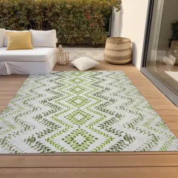 9' X 12' Green Ivory And Gray Geometric Washable Indoor Outdoor Area Rug