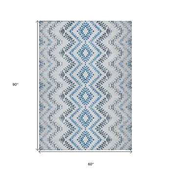 5' X 8' Navy Blue And Denim Blue Geometric Washable Indoor Outdoor Area Rug
