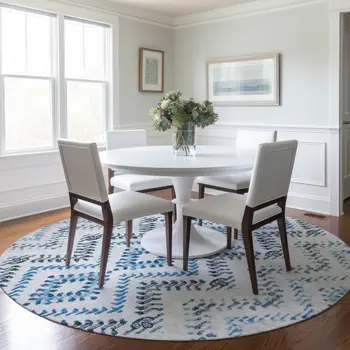 8' Navy Blue And Denim Blue Round Geometric Washable Indoor Outdoor Area Rug