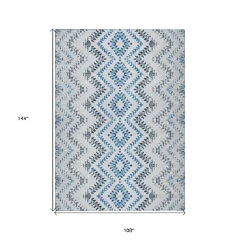 9' X 12' Navy Blue And Denim Blue Geometric Washable Indoor Outdoor Area Rug