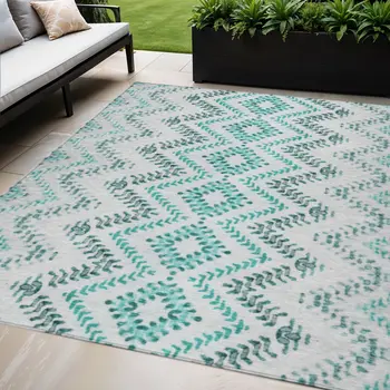 5' X 8' Teal Blue Aqua And Gray Geometric Washable Indoor Outdoor Area Rug