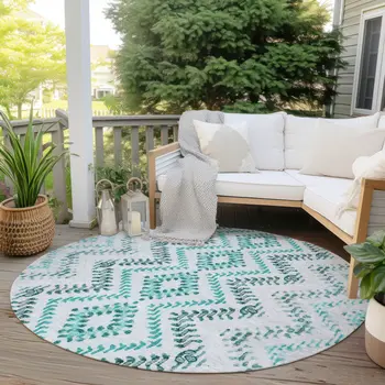 8' Teal Blue Aqua And Gray Round Geometric Washable Indoor Outdoor Area Rug