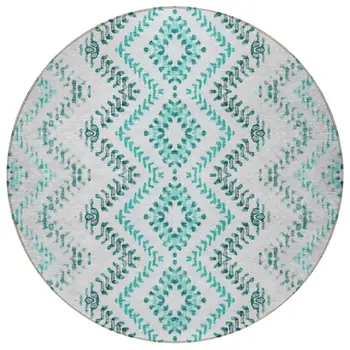 8' Teal Blue Aqua And Gray Round Geometric Washable Indoor Outdoor Area Rug