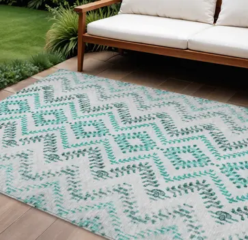 8' X 10' Teal Blue Aqua And Gray Geometric Washable Indoor Outdoor Area Rug