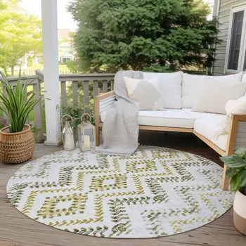 8' Taupe Brown And Ivory Round Geometric Washable Indoor Outdoor Area Rug