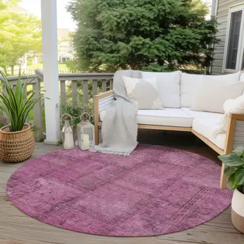 8' Blush Pink And Mauve Round Patchwork Washable Indoor Outdoor Area Rug