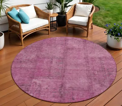 8' Blush Pink And Mauve Round Patchwork Washable Indoor Outdoor Area Rug