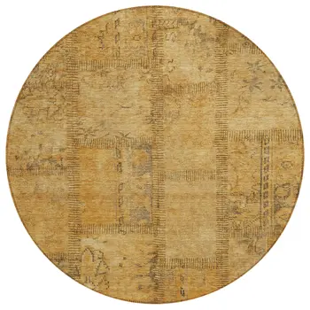 8' Peach Gray And Charcoal Round Patchwork Washable Indoor Outdoor Area Rug
