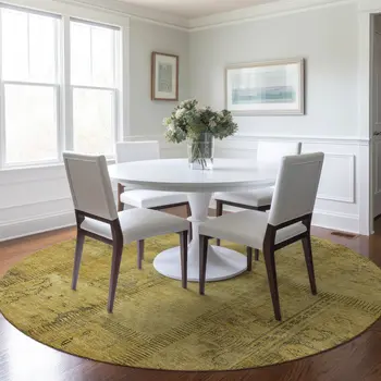 8' Gold Wheat And Gray Round Patchwork Washable Indoor Outdoor Area Rug