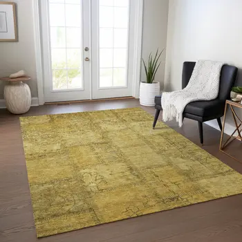8' X 10' Gold Wheat And Gray Patchwork Washable Indoor Outdoor Area Rug