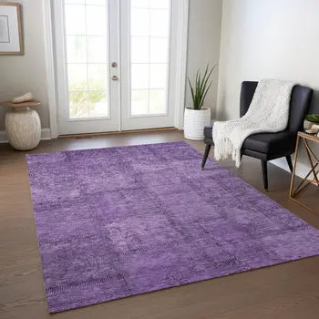 9' X 12' Purple Eggplant And Gray Patchwork Washable Indoor Outdoor Area Rug
