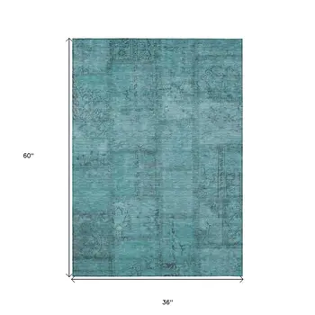 3' X 5' Teal Blue And Aqua Patchwork Washable Indoor Outdoor Area Rug