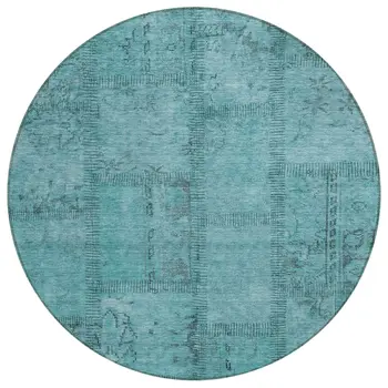 8' Teal Blue And Aqua Round Patchwork Washable Indoor Outdoor Area Rug