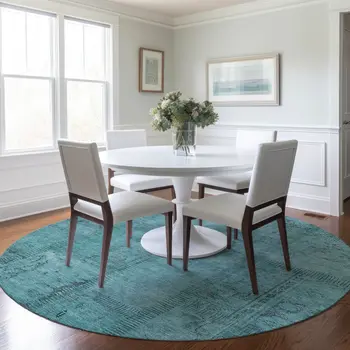 8' Teal Blue And Aqua Round Patchwork Washable Indoor Outdoor Area Rug