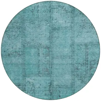 8' Teal Blue And Aqua Round Patchwork Washable Indoor Outdoor Area Rug