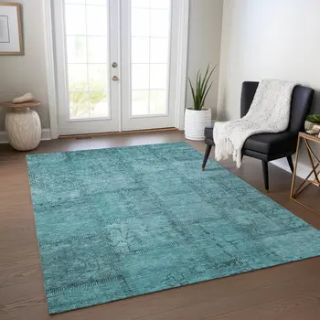 9' X 12' Teal Blue And Aqua Patchwork Washable Indoor Outdoor Area Rug