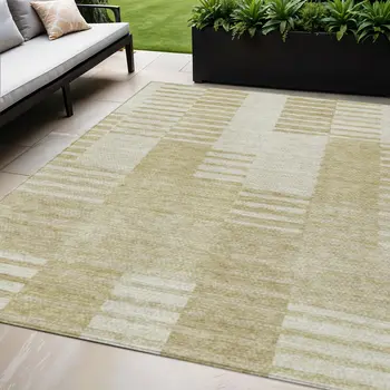 5' X 8' Beige And Ivory Striped Washable Indoor Outdoor Area Rug